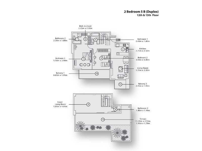 2 Bedroom Apartment 5 B(Duplex), 12th & 13th Floor